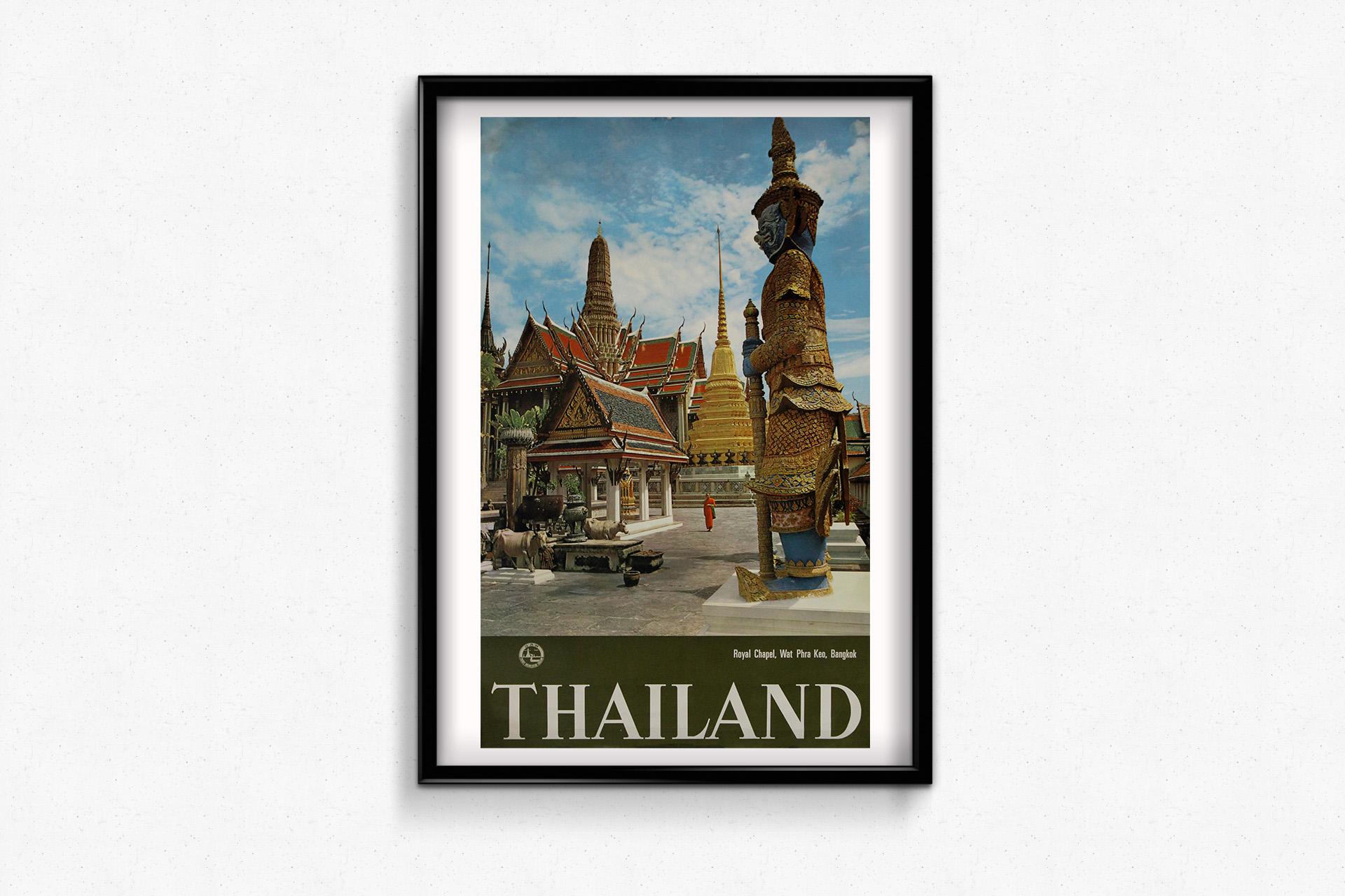 This stunning vintage travel poster from around 1950 showcases one of Thailand’s most iconic landmarks: the Royal Chapel of Wat Phra Keo (also spelled Wat Phra Kaew), nestled within the Grand Palace complex in Bangkok. A breathtaking celebration of