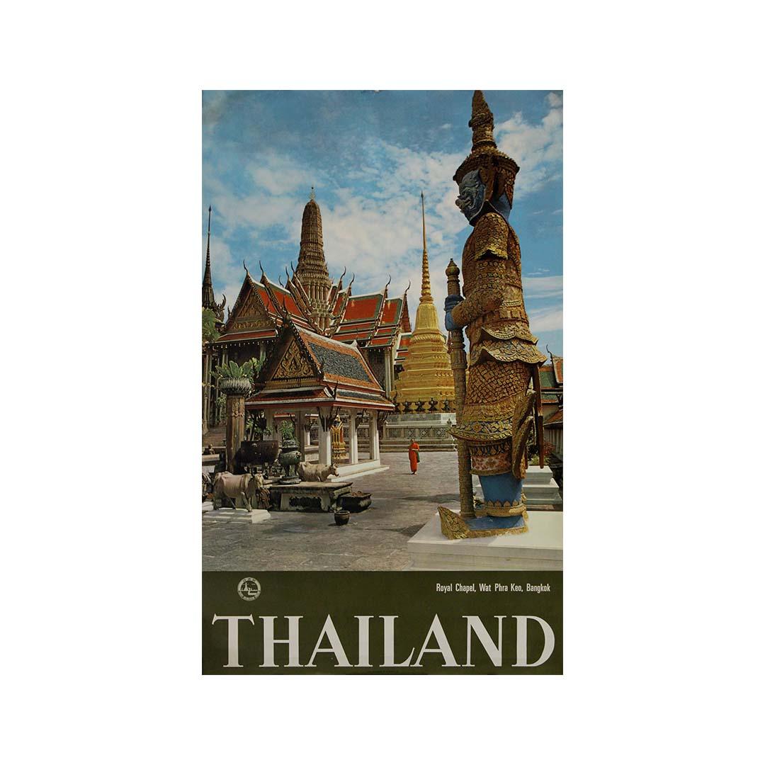 Circa 1950 original travel poster Royal Chapel of Wat Phra Keo Bangkok Thailand For Sale 2