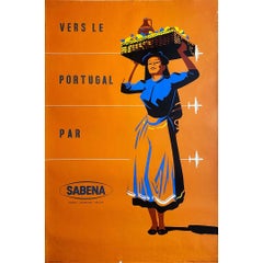 Vintage Circa 1950 Original travel poster - To Portugal by Sabena