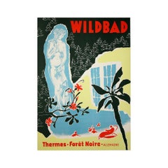 Poster di viaggio originale del 1950 circa Wildbad Thermes - Forêt Noire Allemagne