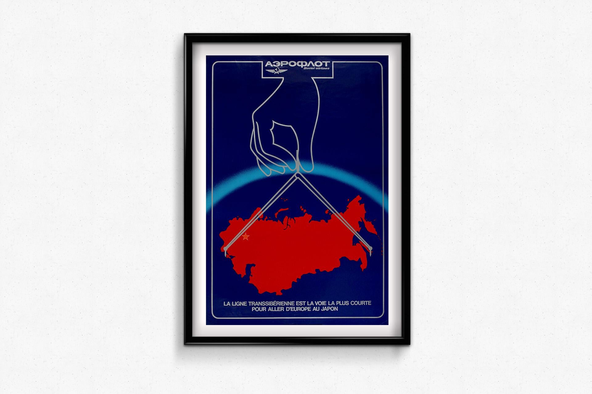 This striking Aeroflot Soviet Airlines poster, dating from around 1960, promotes the Trans-Siberian route as the shortest way from Europe to Japan. With its bold graphic design and minimalist aesthetic, the artwork exemplifies mid-century Soviet