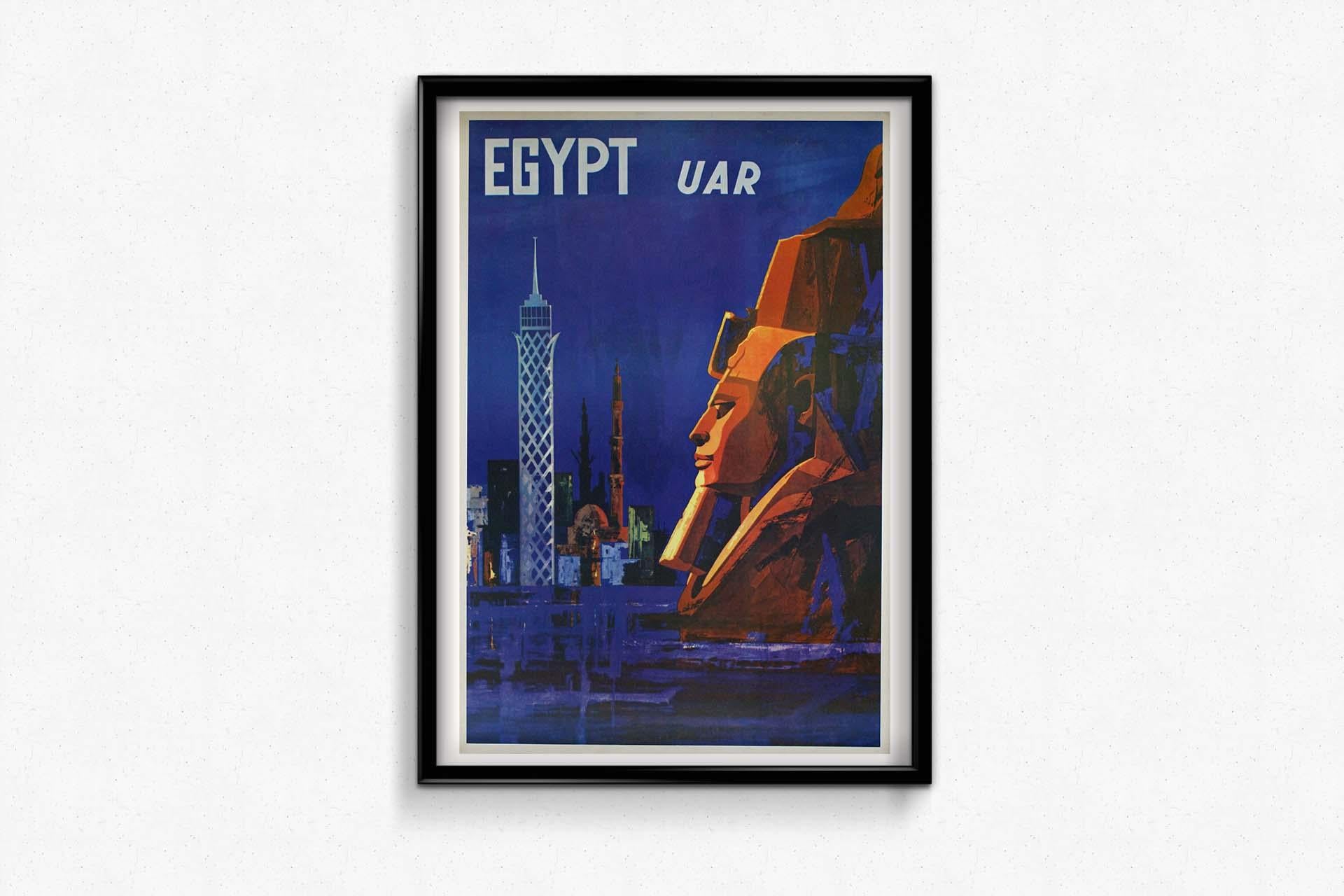 Circa 1960 Egypt UAR (United Arab Republic) poster emerges as a mesmerizing portrayal of a journey through the ancient wonders of this culturally rich land. This iconic poster is not just a promotional piece; it's an artistic voyage beckoning