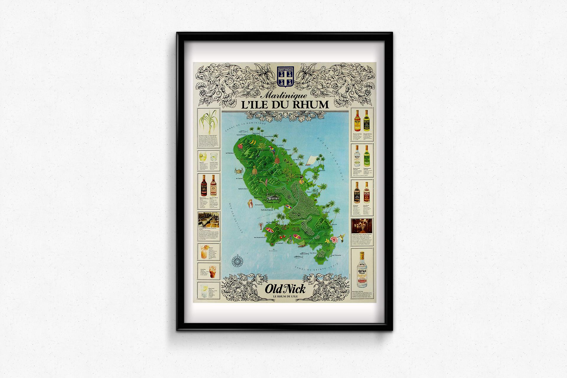 Dieses Original-Werbeplakat mit dem Titel Old Nick: Martinique, L'île du Rhum (Martinique, Insel des Rums) erinnert an das reiche Erbe der Rumherstellung auf der Insel Martinique. Das Plakat wurde erstellt, um für Old Nick Rum zu werben, eine Marke,