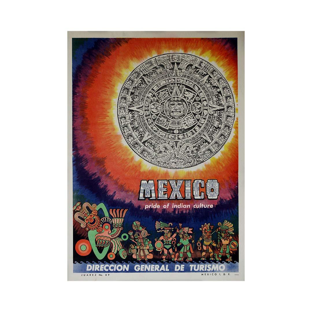 This circa 1960 original poster, issued by the Dirección General de Turismo, is a bold and vivid celebration of Mexico’s indigenous heritage, titled “Mexico – Pride of Indian Culture.” Designed to promote national tourism, the poster blends ancient