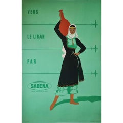 Vintage Circa 1960 Original poster for Sabena, "Vers le Liban" (Towards Lebanon)