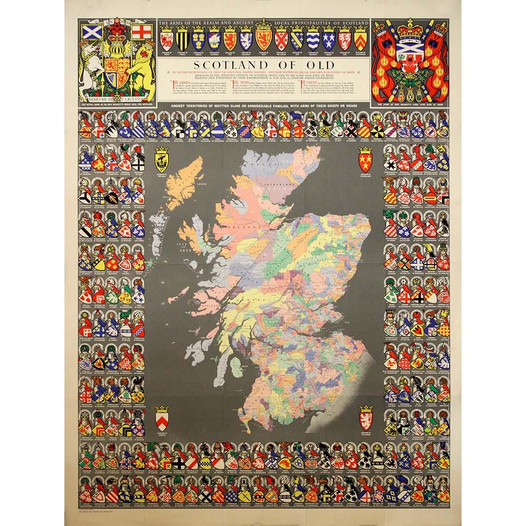 Circa 1960 Cartel original titulado "Scotland of Old" - Mapa del clan Bartholomews