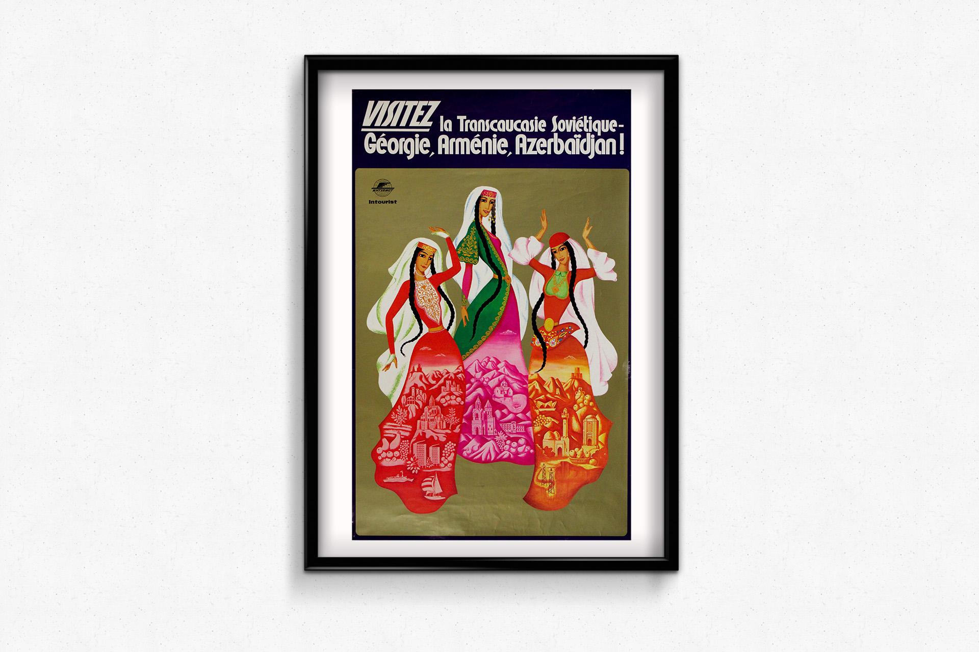 This original travel poster from circa 1960, published by Intourist, the official Soviet state travel agency, invites foreign visitors to discover the rich cultural and geographic diversity of the Transcaucasian region—Georgia, Armenia, and