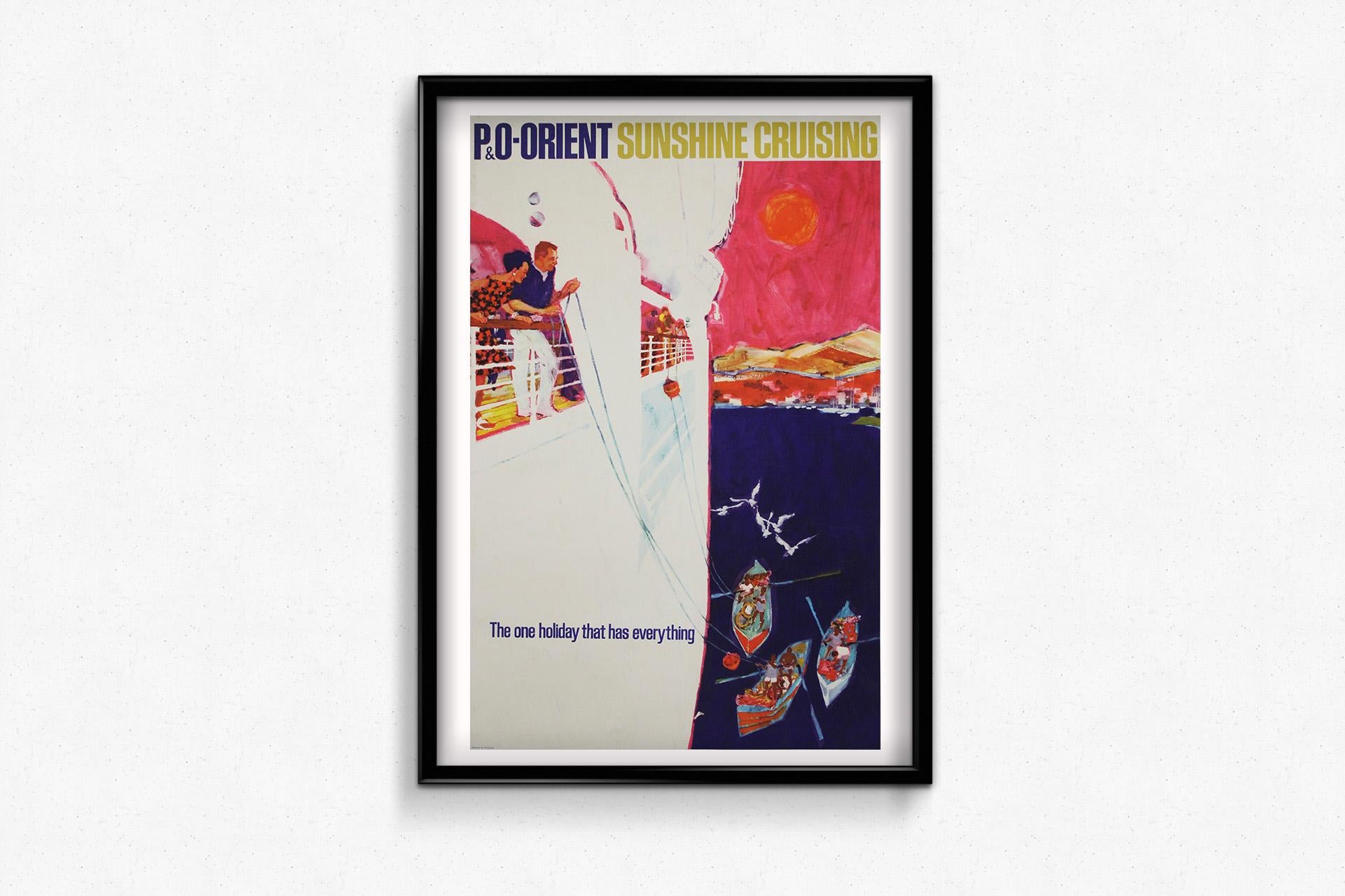 This dazzling circa 1960 travel poster was commissioned by P&O–Orient Lines, one of the most iconic names in postwar British passenger shipping. Touting “Sunshine Cruising” as “The one holiday that has everything”, the poster perfectly captures