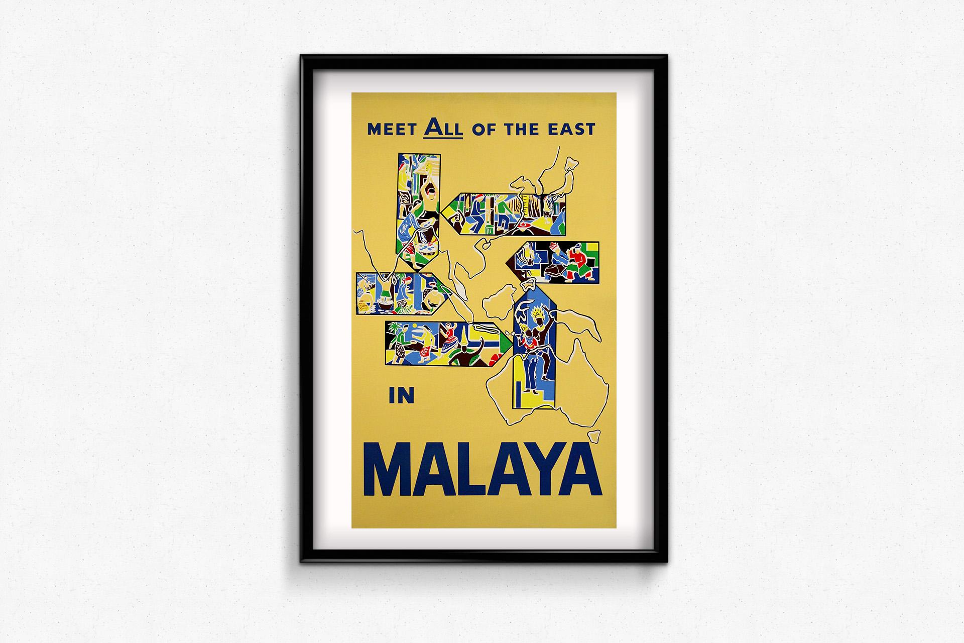 La sérigraphie di viaggio del 1960 circa, Meet All of the East in Malaya, è un'accattivante opera d'arte promozionale pensata per attirare i turisti nel Southeast Asia, in particolare in Malaya (oggi parte della Malesia). Creato in un periodo in cui