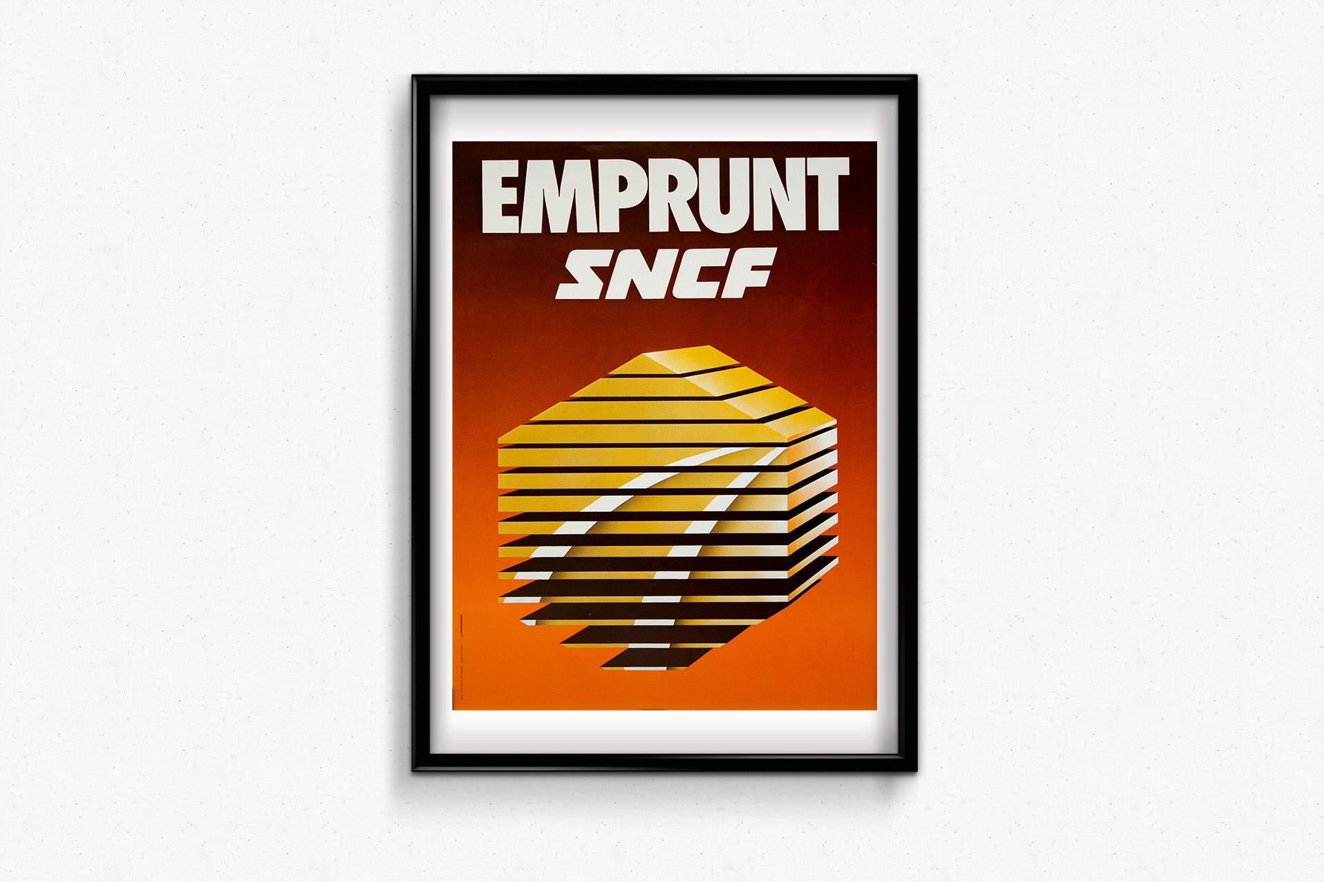 Cette affiche de l'Emprunt SNCF, datant de 1970, est un exemple frappant du design institutionnel français d'après-guerre. Émise par la Société Nationale des Chemins de fer Français (SNCF), cette affiche encourage l'investissement public dans les