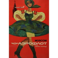 Cartel publicitario original de 1970 de Aeroflot - compañía aérea soviética
