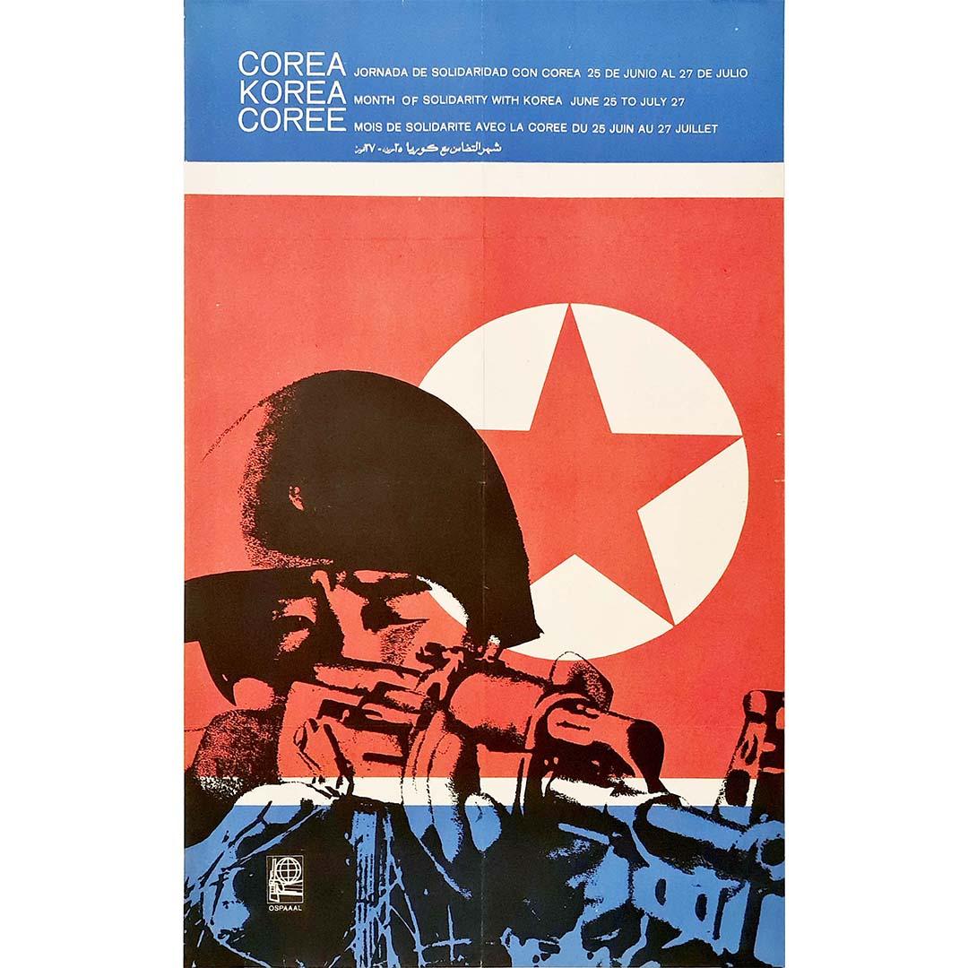 Sehr schönes politisches Plakat zum Monat der Solidarität mit Korea 25. Juni - 27. Juli. Diese beiden Daten markieren den Beginn und das Ende des Koreakrieges (1950-1953).
Dieses Plakat wurde für die von Fidel Castro gegründete Organisation der