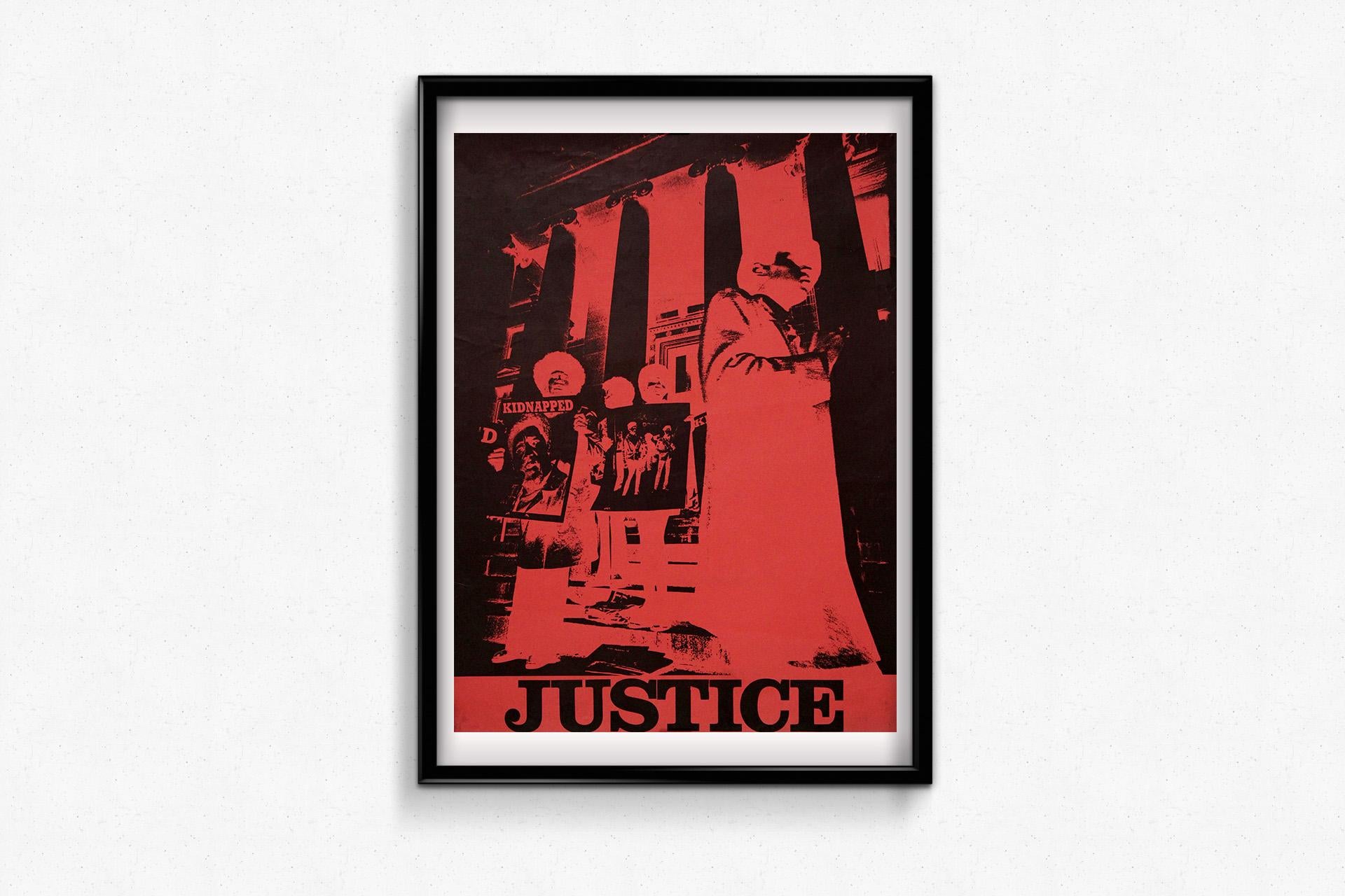 This circa 1970 original serigraph, created in support of the Black Panther Party, is a striking and uncompromising piece of political art titled Justice. Rendered in a powerful two‑tone palette of deep black and searing red, the composition