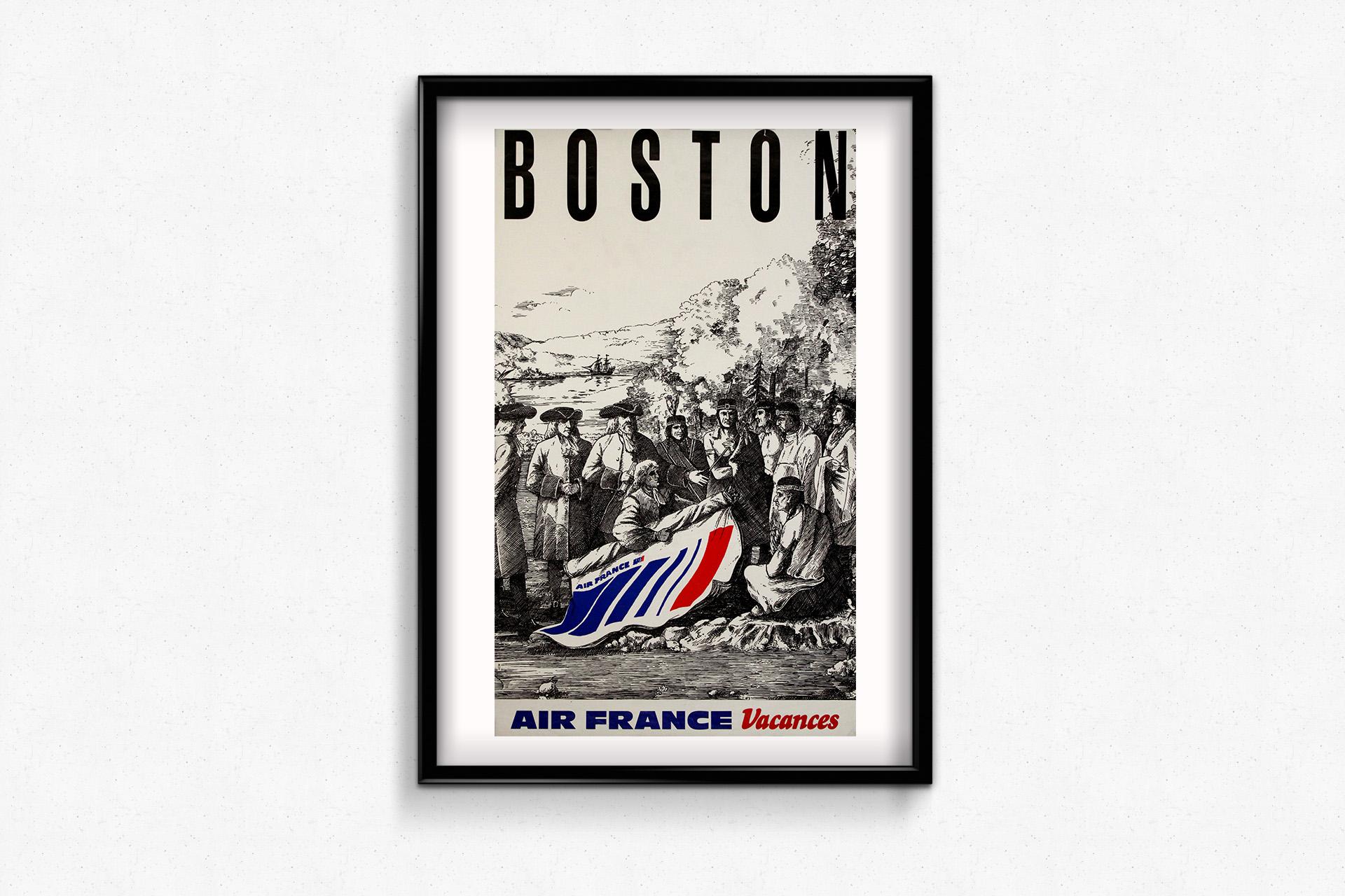 Witty, unexpected, and delightfully anachronistic, this circa 1970 original travel poster for Air France Vacances blends colonial history with modern branding in a uniquely playful composition. Designed to promote Boston as a tourist destination,