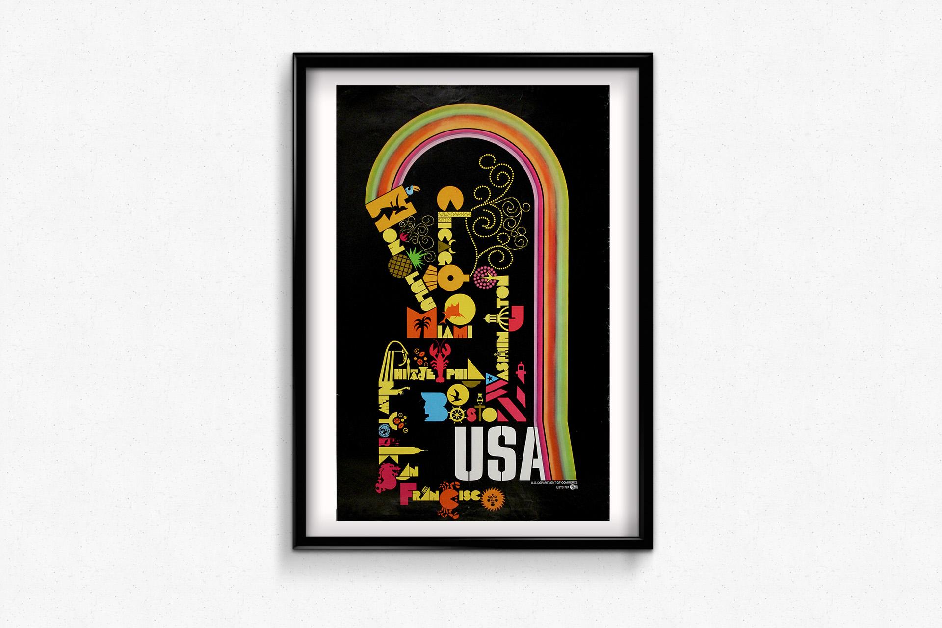 This vibrant circa 1970 travel poster, issued by the U.S. Department of Commerce, is a bold, joyful celebration of the United States' most iconic cities—filtered through the colorful lens of mid-century modern graphic design. Against a deep black