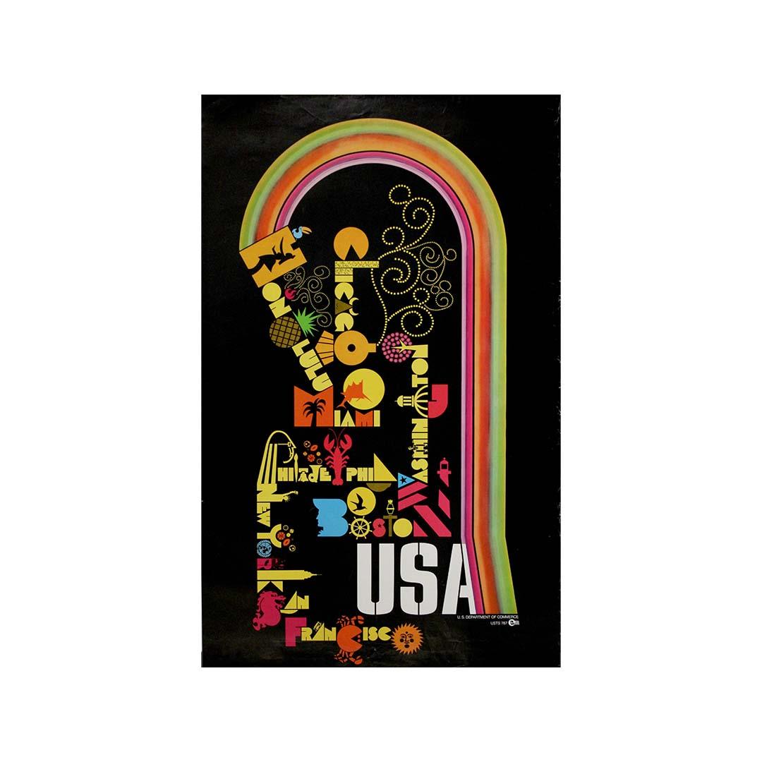Circa 1970 travel poster USA - Chicago - Miami - Boston - New York - San Fran For Sale 2