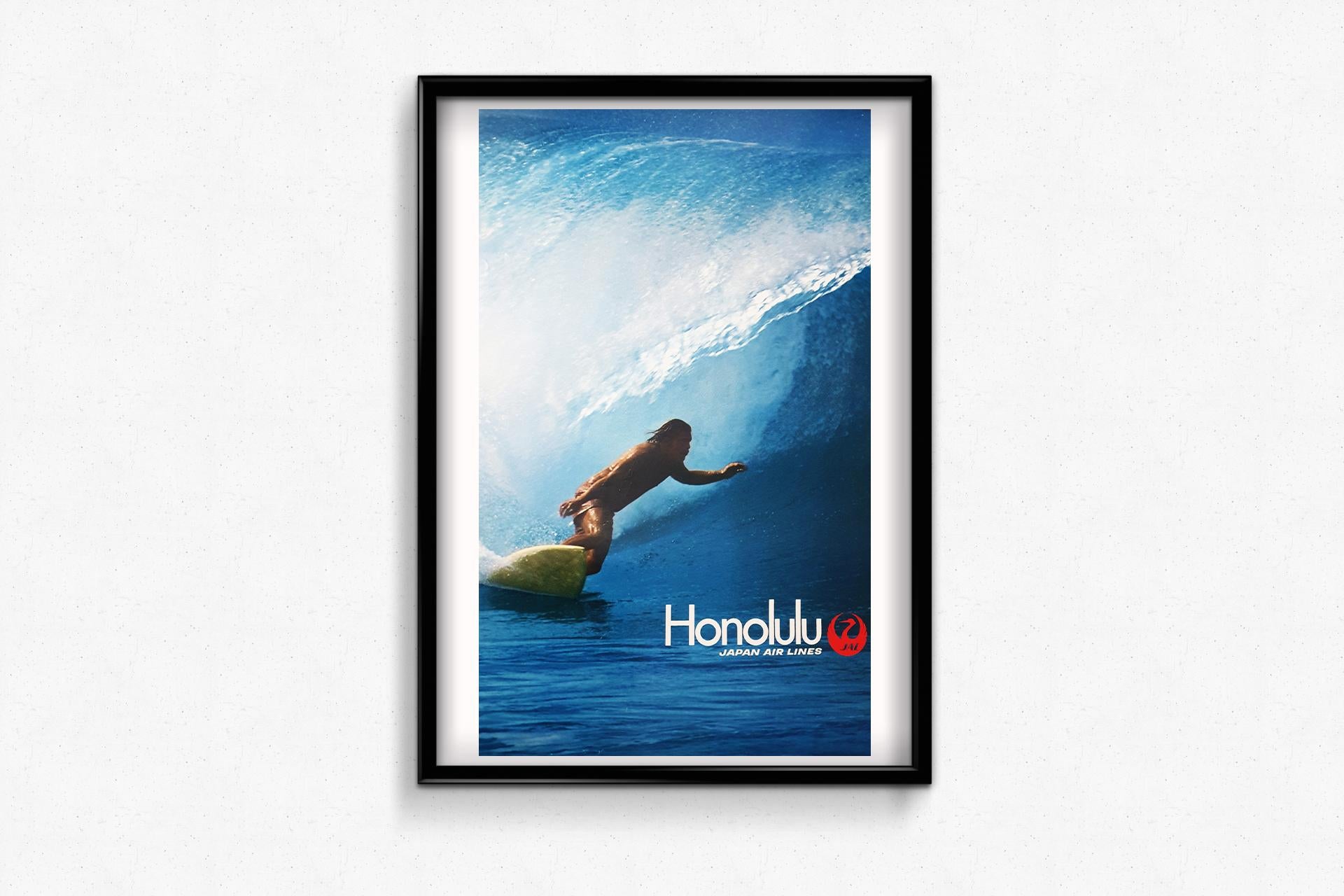 Original poster commissioned by Japan Airlines to promote its international flights. The Japanese national airline serves more than 100 destinations around the world.

This poster shows a surfer who has just performed a 