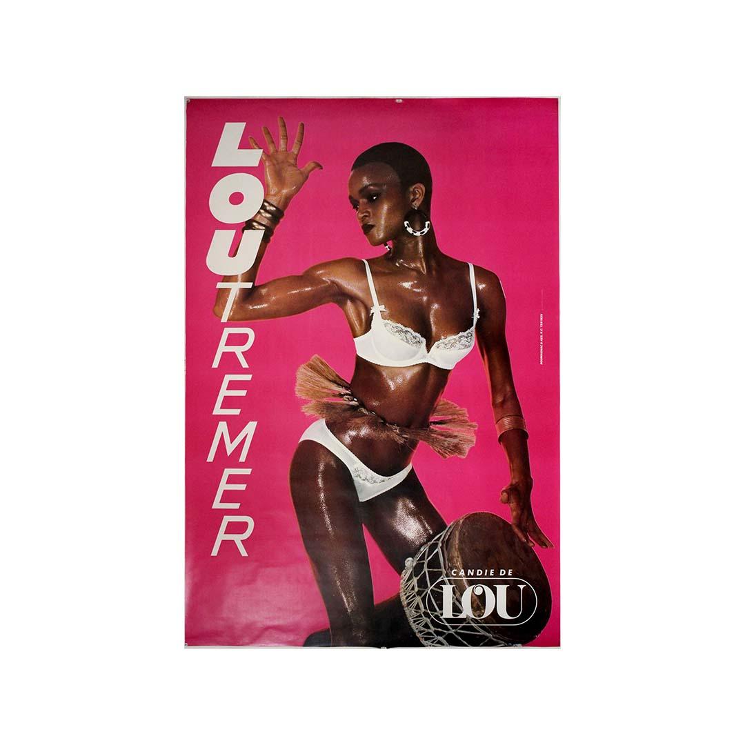 This striking circa 1990 original poster for Candie de Lou lingerie is a bold celebration of femininity, rhythm, and identity. Titled Loutremer—a poetic term evoking both the exotic and overseas—the campaign stands out for its unapologetic