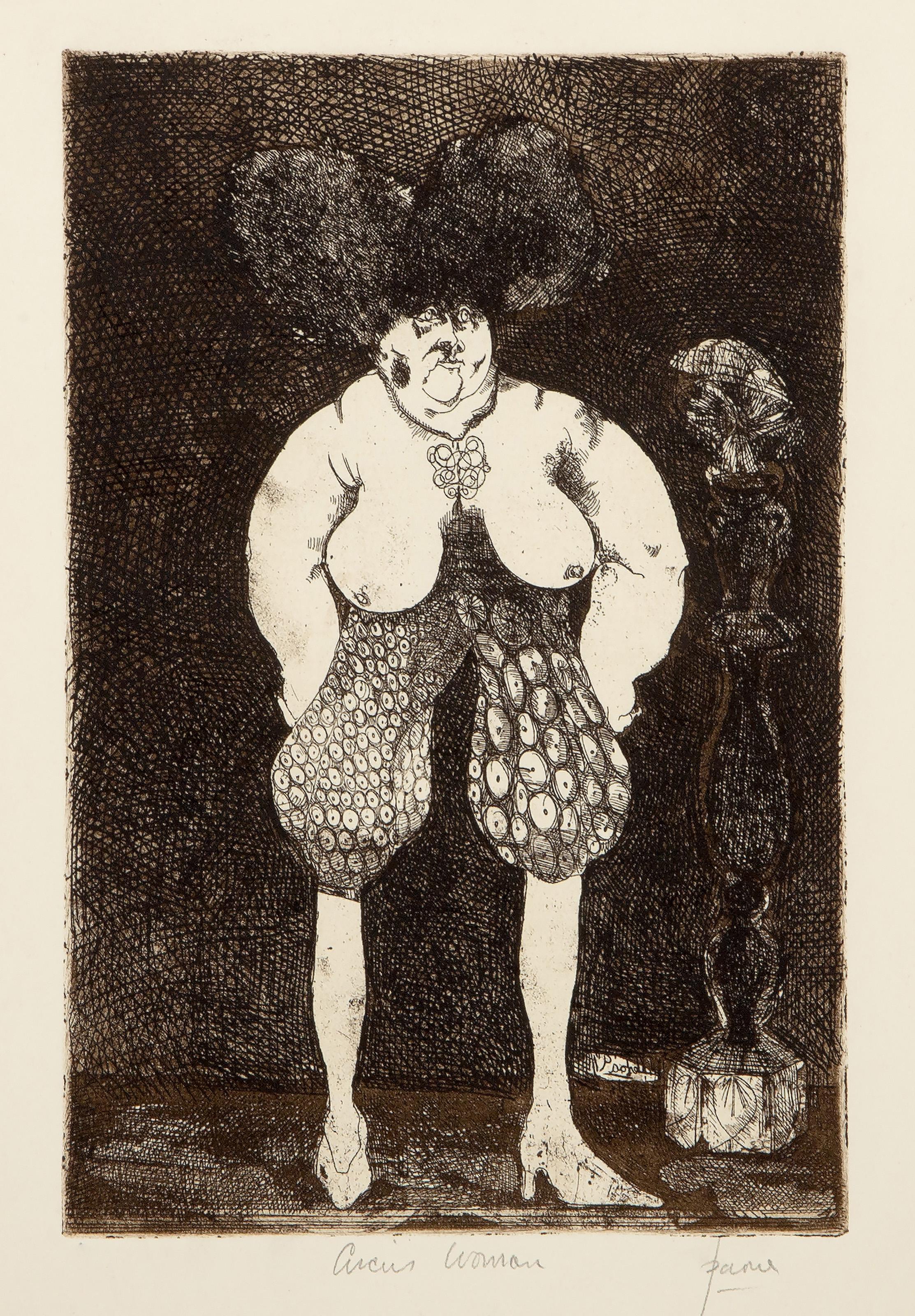  Peter Paone, American (1936 - ) -  Circus Woman, Year: circa 1965, Medium: Etching on Rives, signed, titled and numbered in pencil, Edition: 25, Image Size: 11 x 7.25 inches, Size: 19 x 12.75 in. (48.26 x 32.39 cm) 
