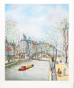 City Canal, Folk Art Lithograph by Claude Tabet