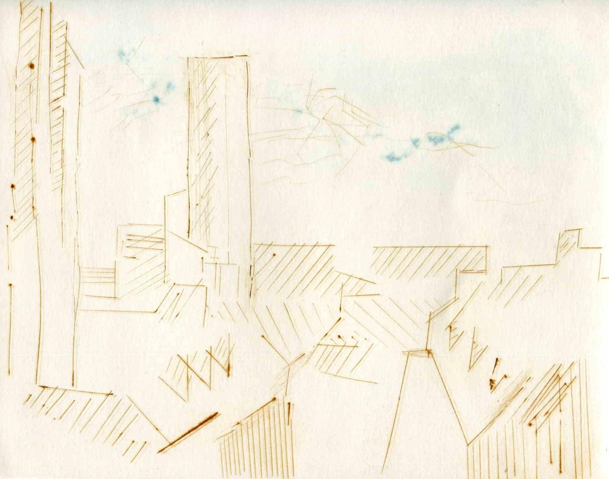 Unknown Figurative Print - City of future - Original Etching and Drypoint - Mid-20th Century