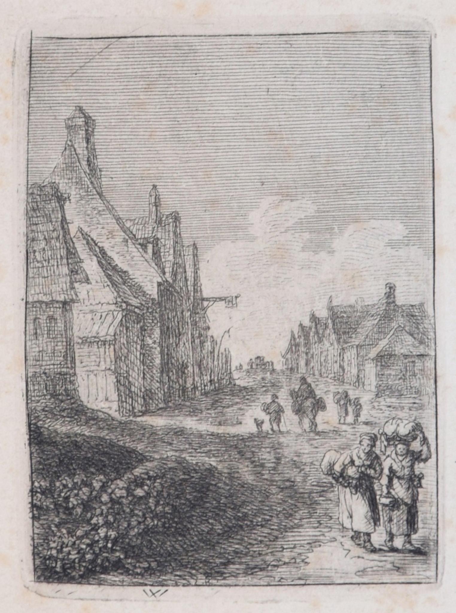 Unknown Figurative Print - City with Travellers -  Etching - 17th Century