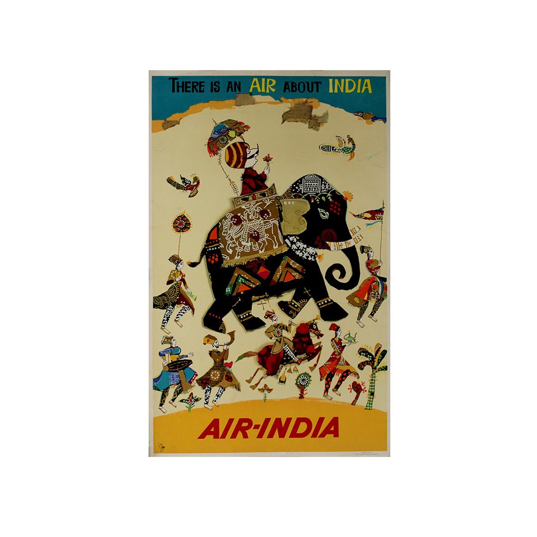 This vivid and whimsical Air-India poster from 1968 exemplifies the golden era of travel advertising, when airlines commissioned vibrant, culturally rich graphics to evoke exoticism and wanderlust. Titled “There is an Air About India,” the work