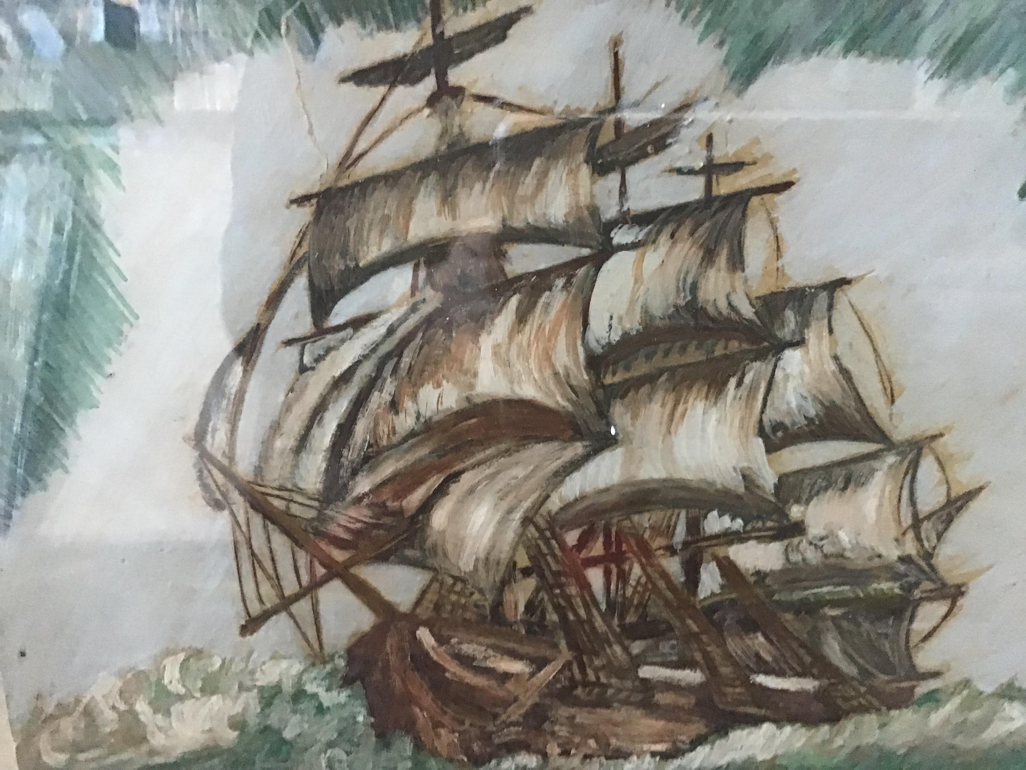 clipper ship watercolor - Black Landscape Print by Unknown