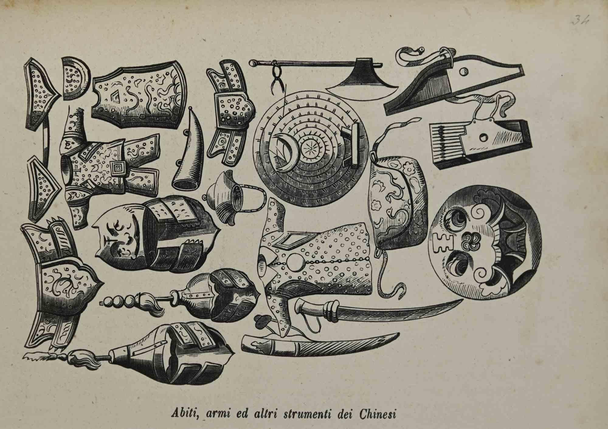 Unknown Figurative Print - Clothes, Weapons and tools of the Chinese - Costumes - Lithograph - 1862