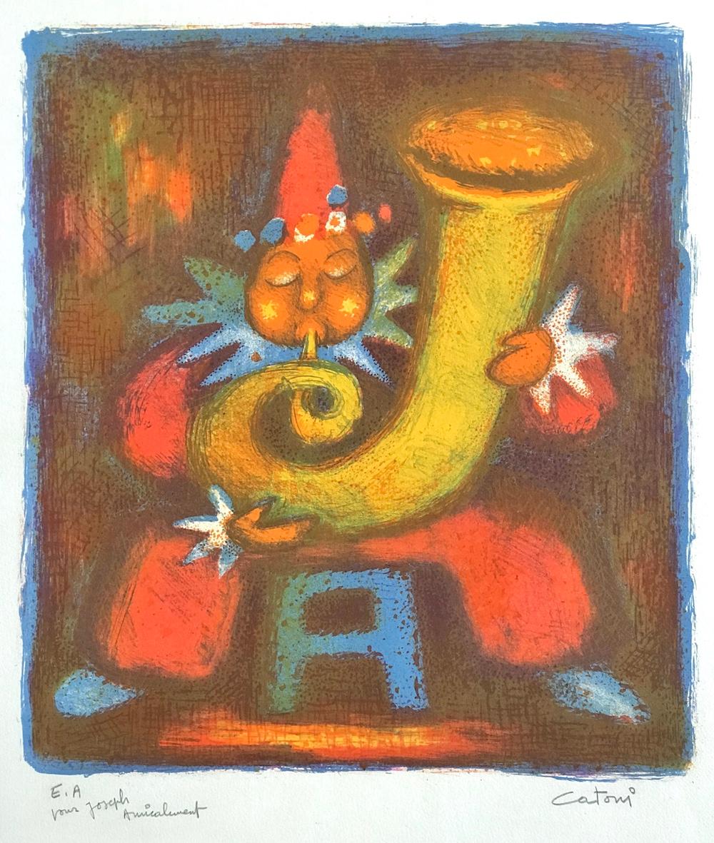 Unknown Interior Print - CLOWN TUBA PLAYER Signed Lithograph, Circus Clown Portrait, Red, Yellow, Blue