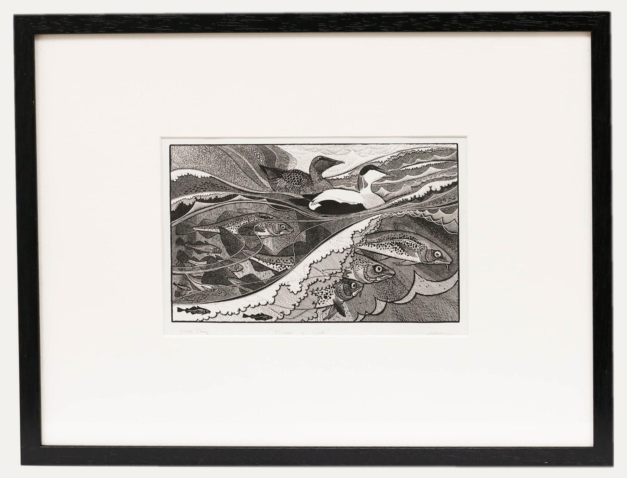 Animal Print Unknown - Colin See-Paynton (né en 1946) - gravure sur bois encadrée du 20e siècle, Eider & Cod