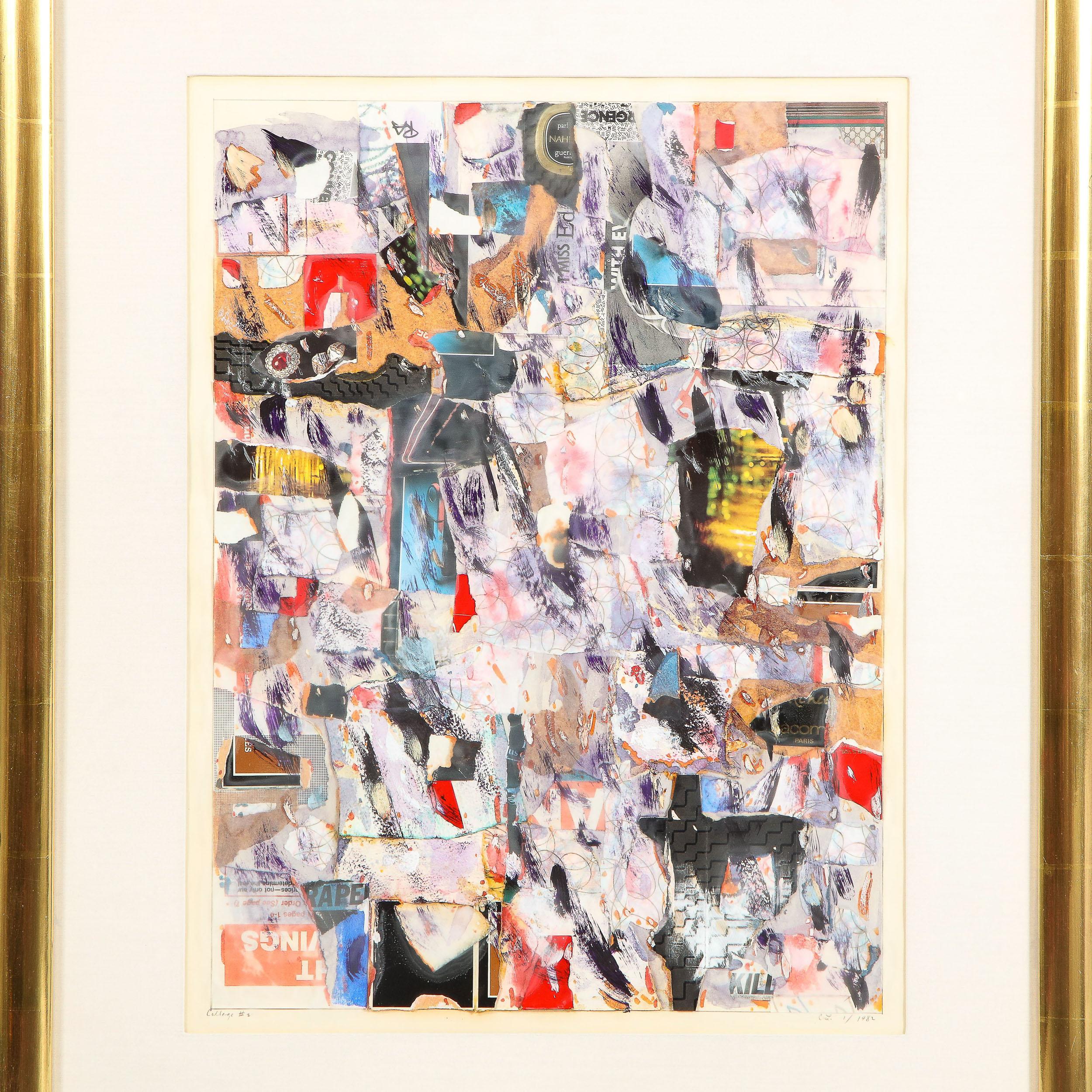 This sophisticated modernist mixed media collage was realized in 1982. It offers various fragments of paper, including advertisements and a ruby and diamond ring patched together to create a mosaic brimming with life, texture and color. Dynamic,
