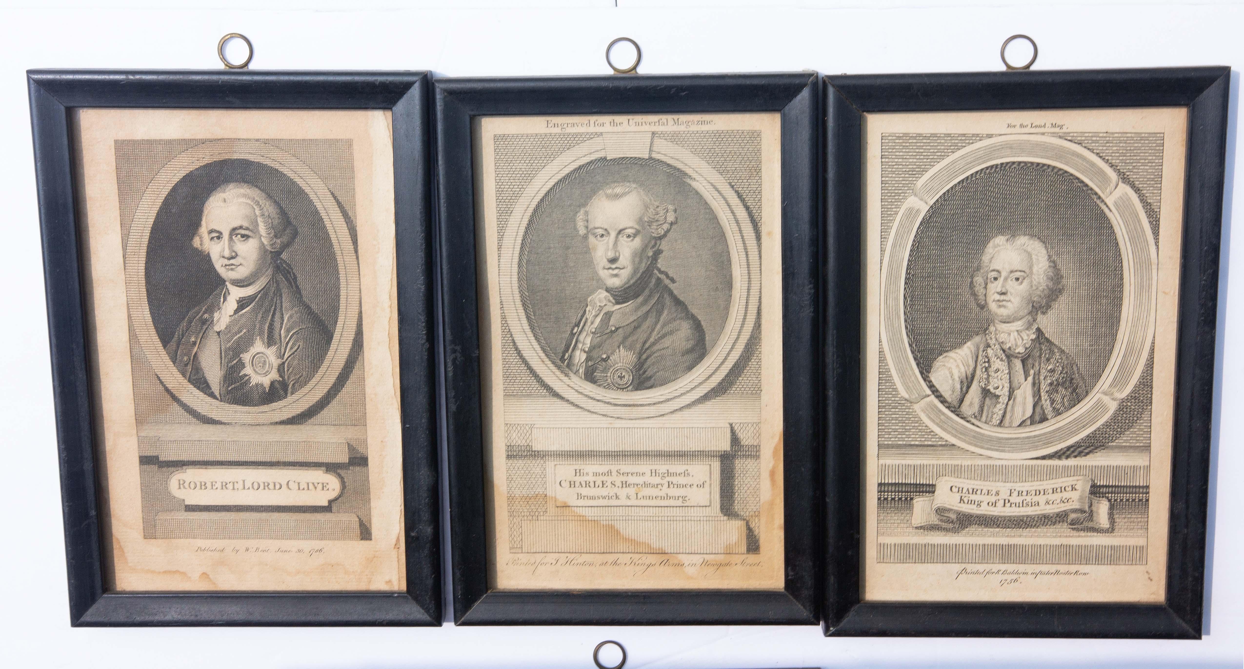Group of six 18th century portraits of European Nobility. Mezzotint prints. Framed.