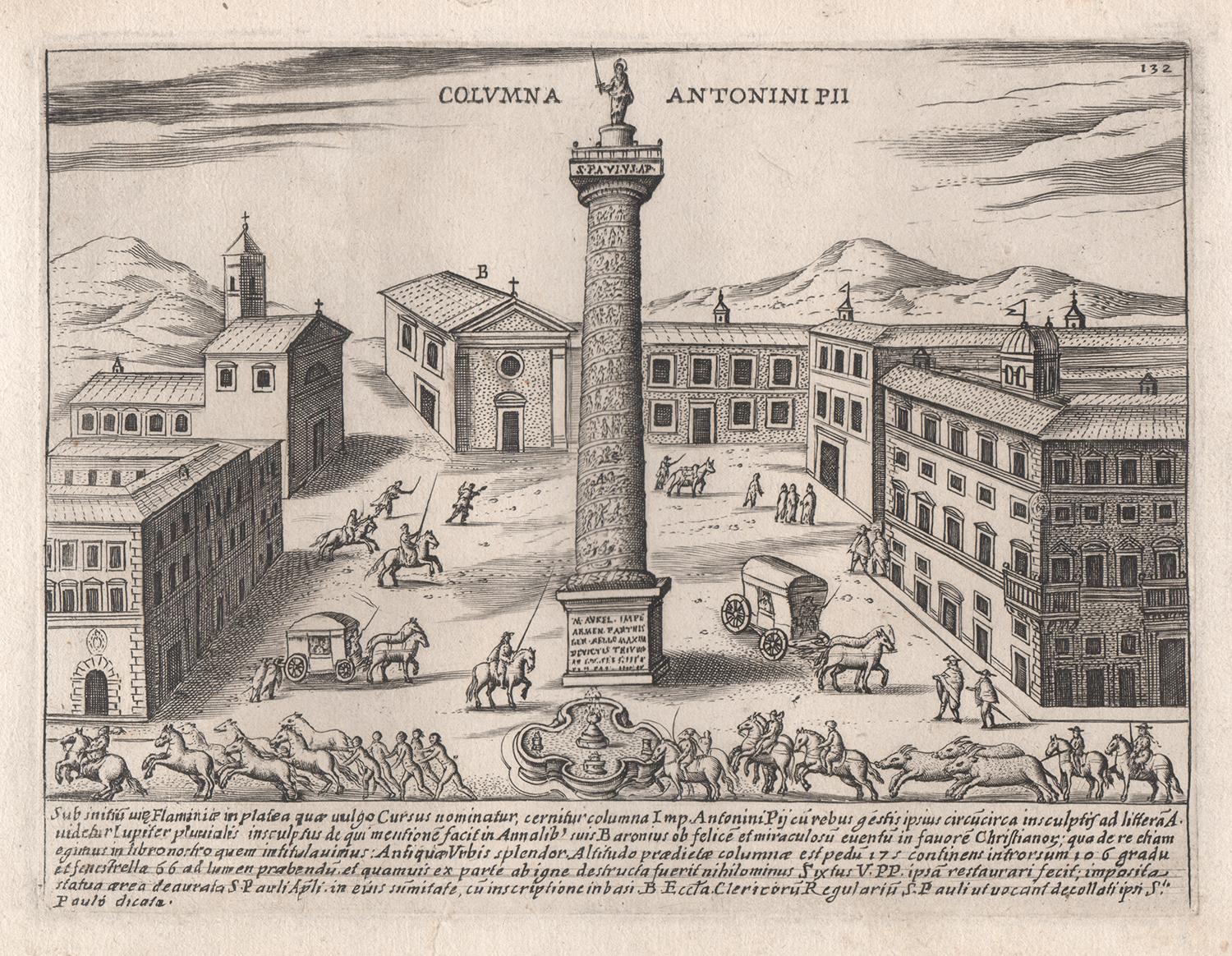Landscape Print Unknown - Columne d'Antonin Pius, Rome, Italie. Gravure de Jacobs Lauro du XVIIe siècle 