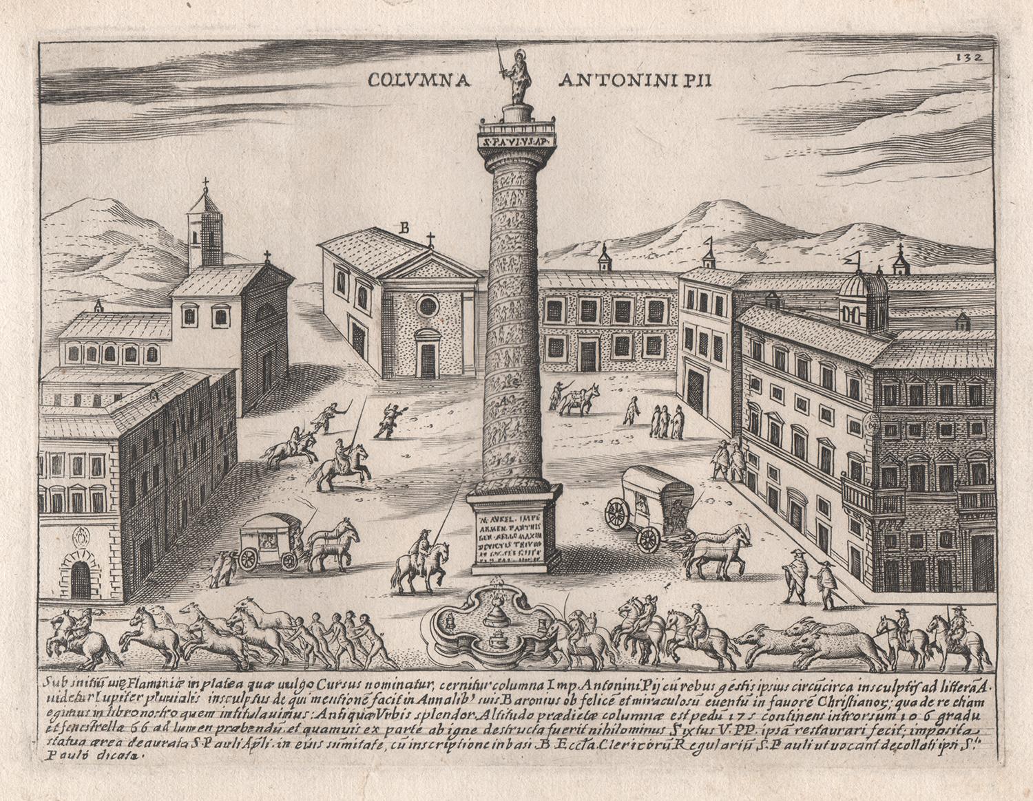 Säule von Antoninus Pius, Rom, Italien. Gravur von Jacobs Lauro aus dem 17. Jahrhundert 