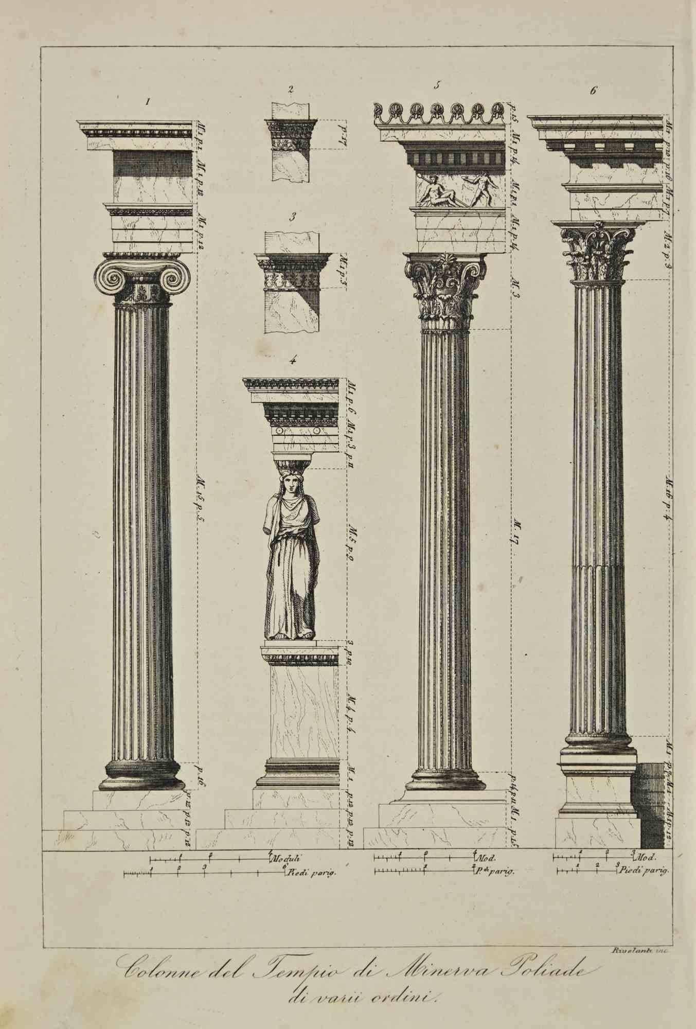 Figurative Print Unknown - Colonnes du temple de Minerva Poliade - Lithographie - 1862