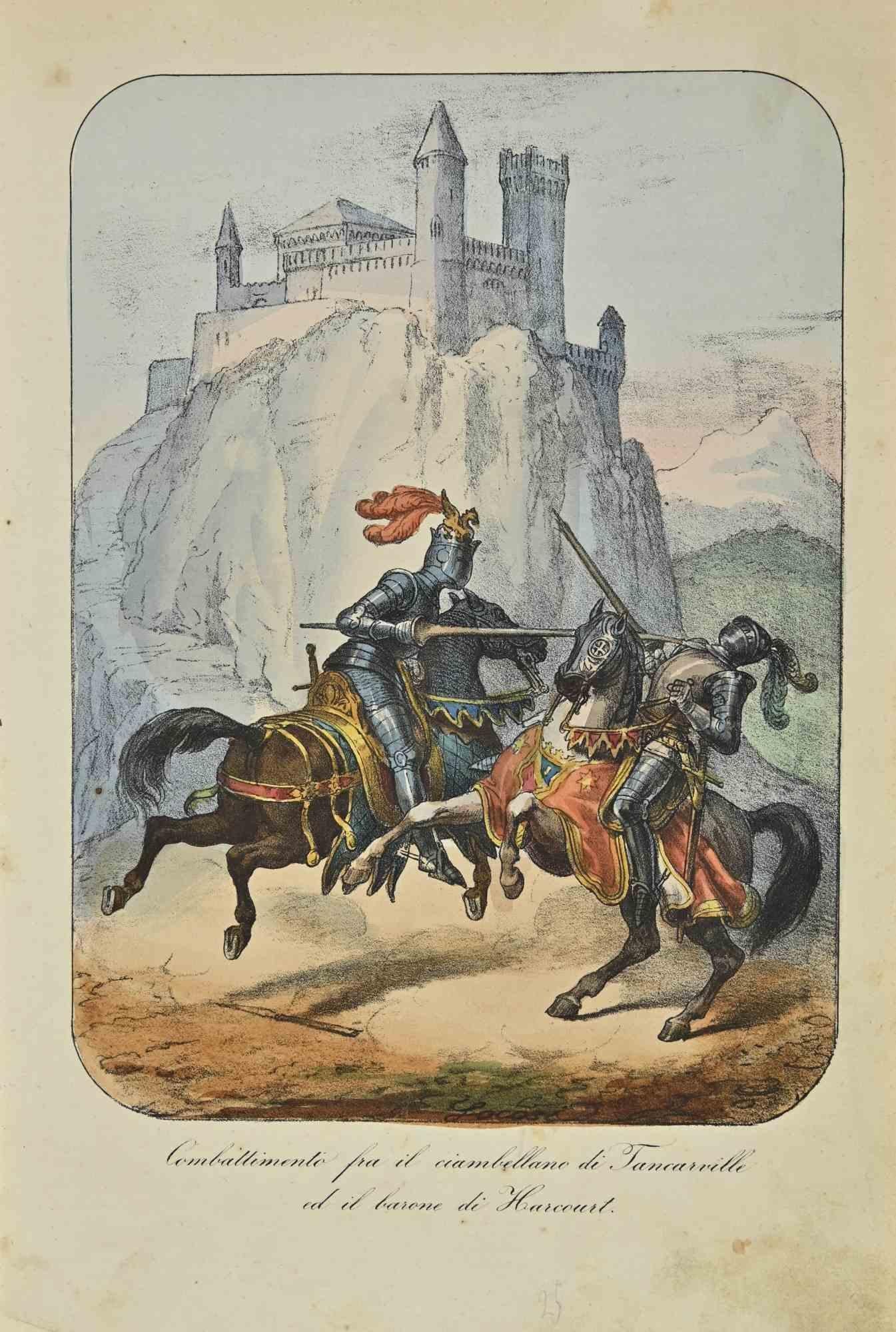 Figurative Print Unknown - Combat - Lithographie - 1862