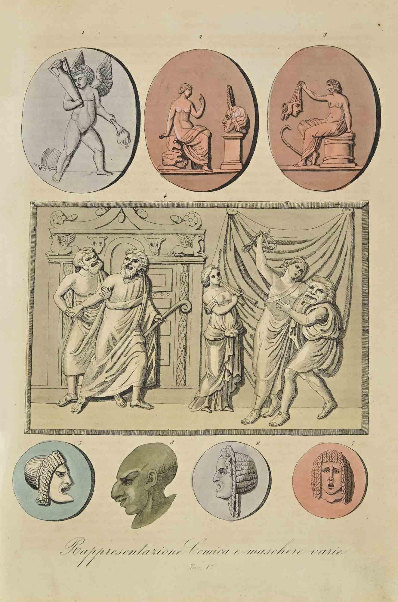 Unknown Figurative Print – Comic-Performance und verschiedene Masken  - Lithographie - 1862