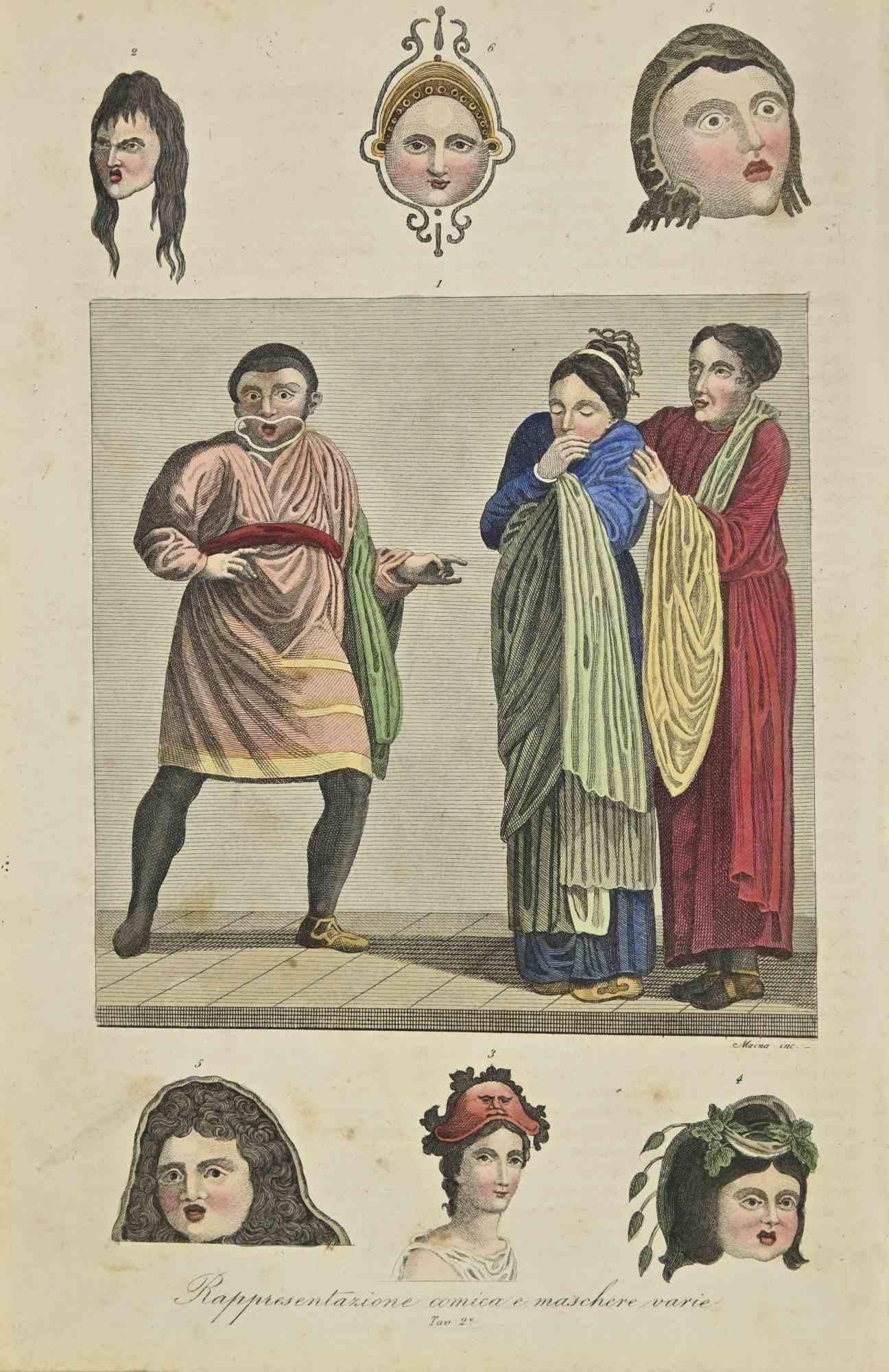 Unknown Figurative Print - Comic Performance and Various Masks  - Lithograph - 1862