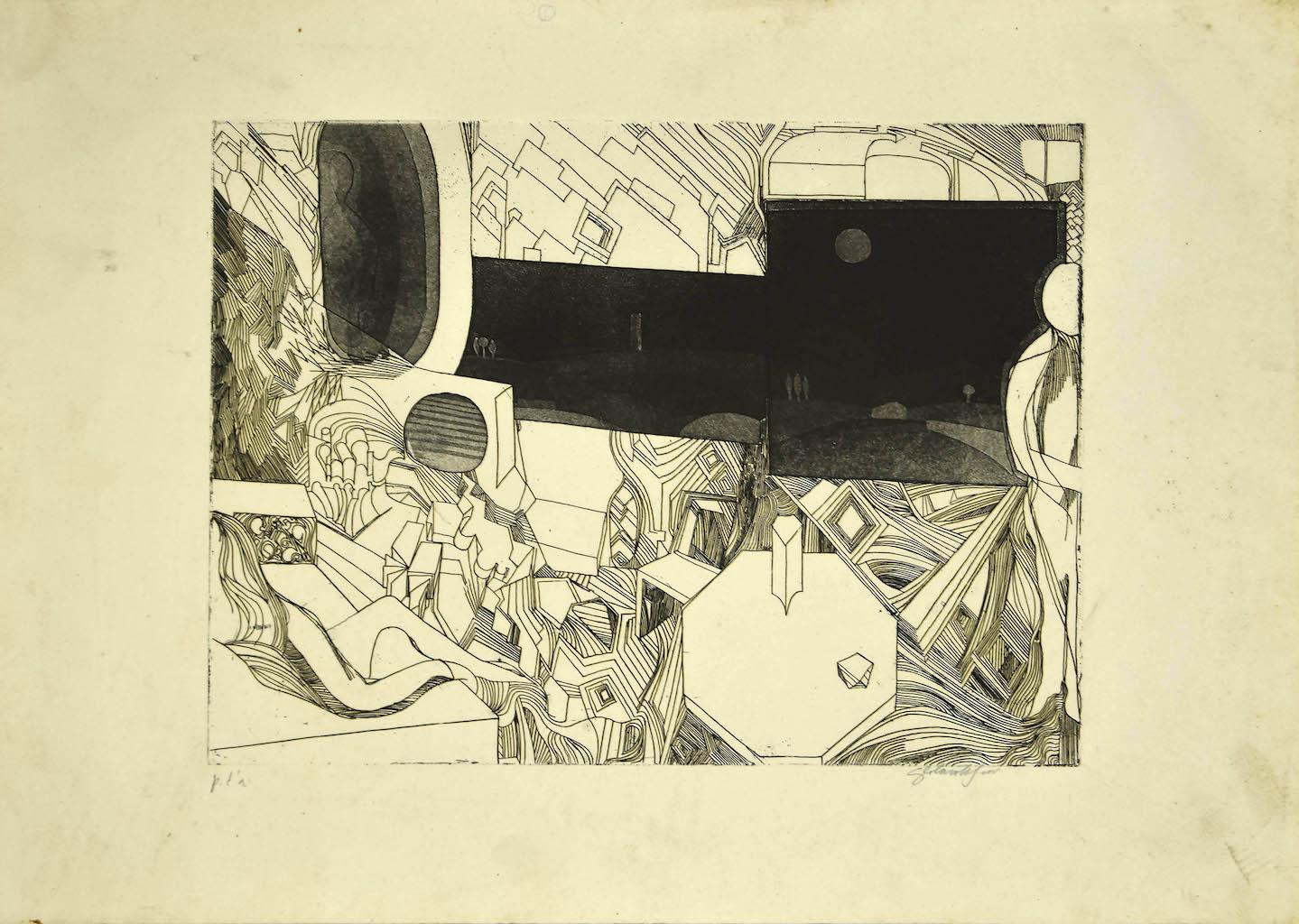 Composition - Gravure originale sur papier - années 1950