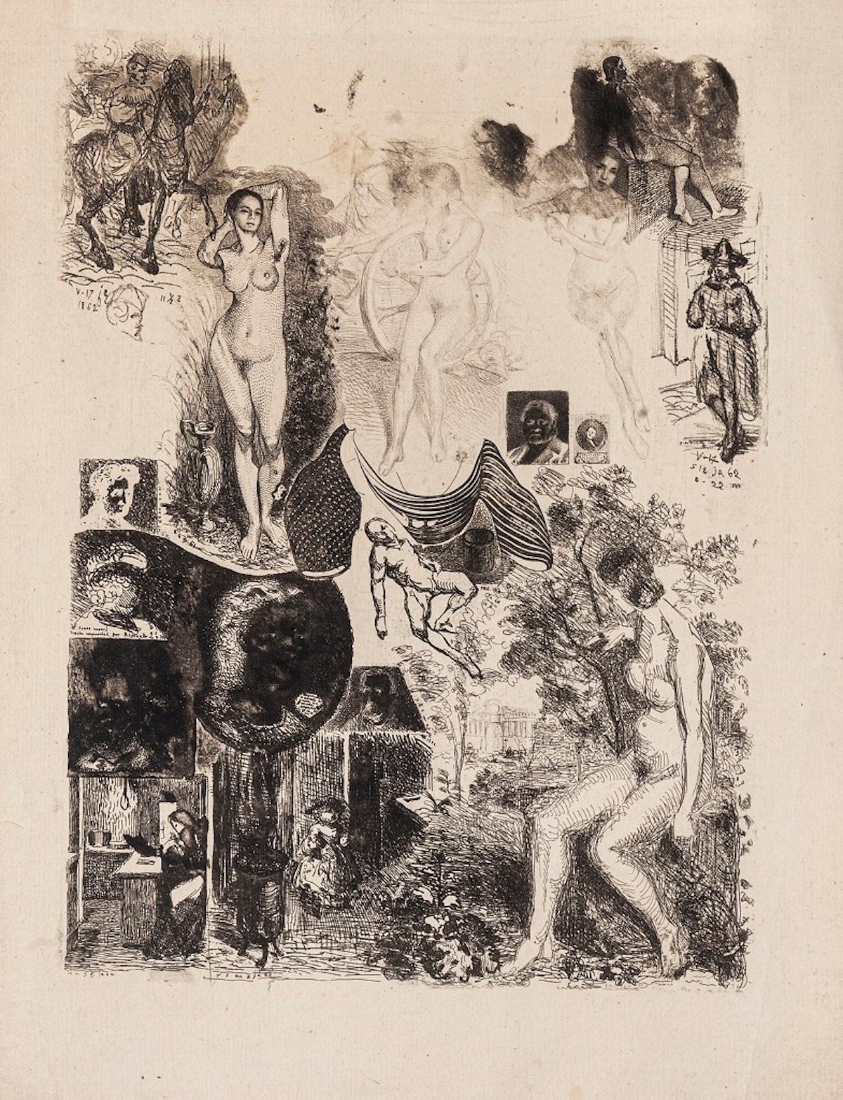 Unknown Figurative Print - Composition with Nudes - Original Etching - 1862