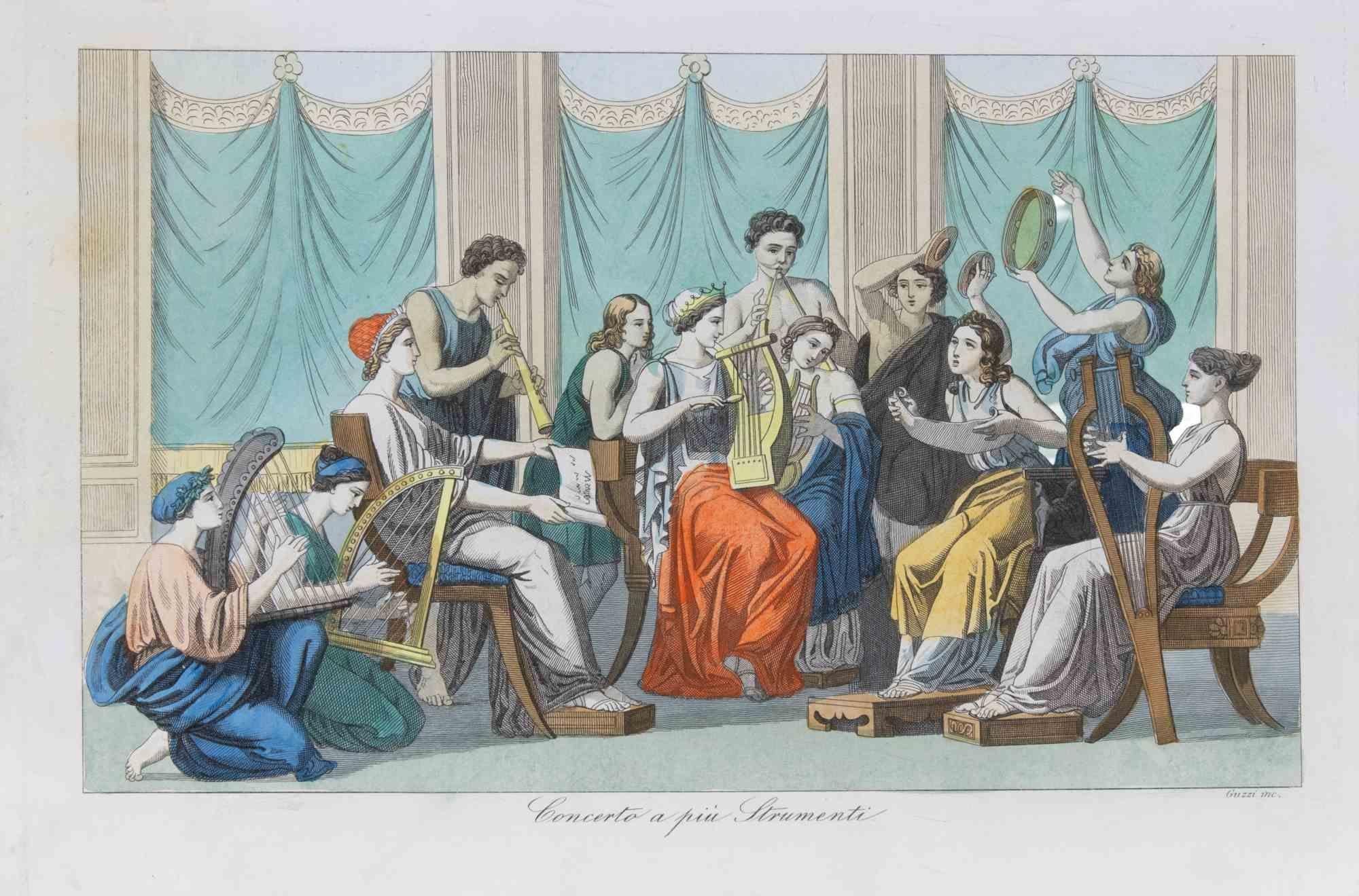 Concerto con tanti strumenti, litografia colorata a mano, 1862, moderna