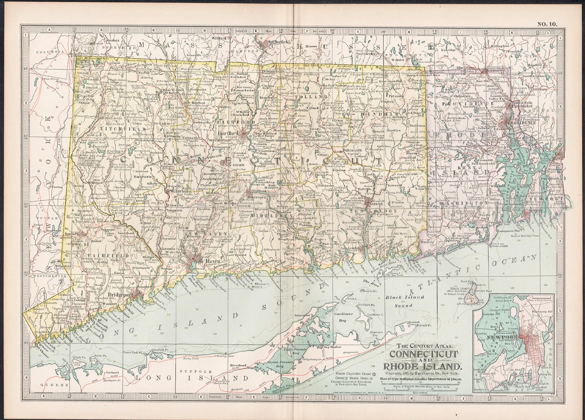 Connecticut and Rhode Island. USA. Century Atlas state antique vintage map - Print by Unknown