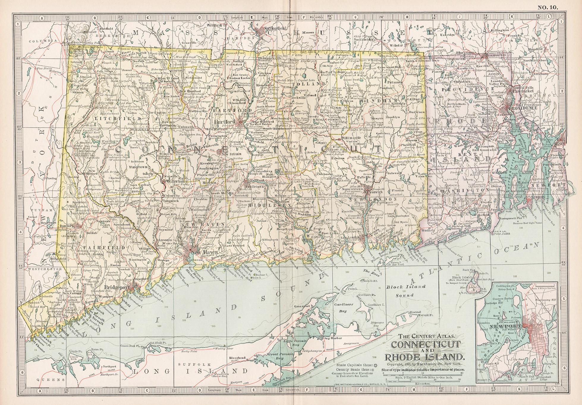 Unknown Print - Connecticut and Rhode Island. USA. Century Atlas state antique vintage map