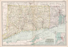 Connecticut et Rhode Island. USA. Carte vintage ancienne de l'État d'Atlas du XXe siècle