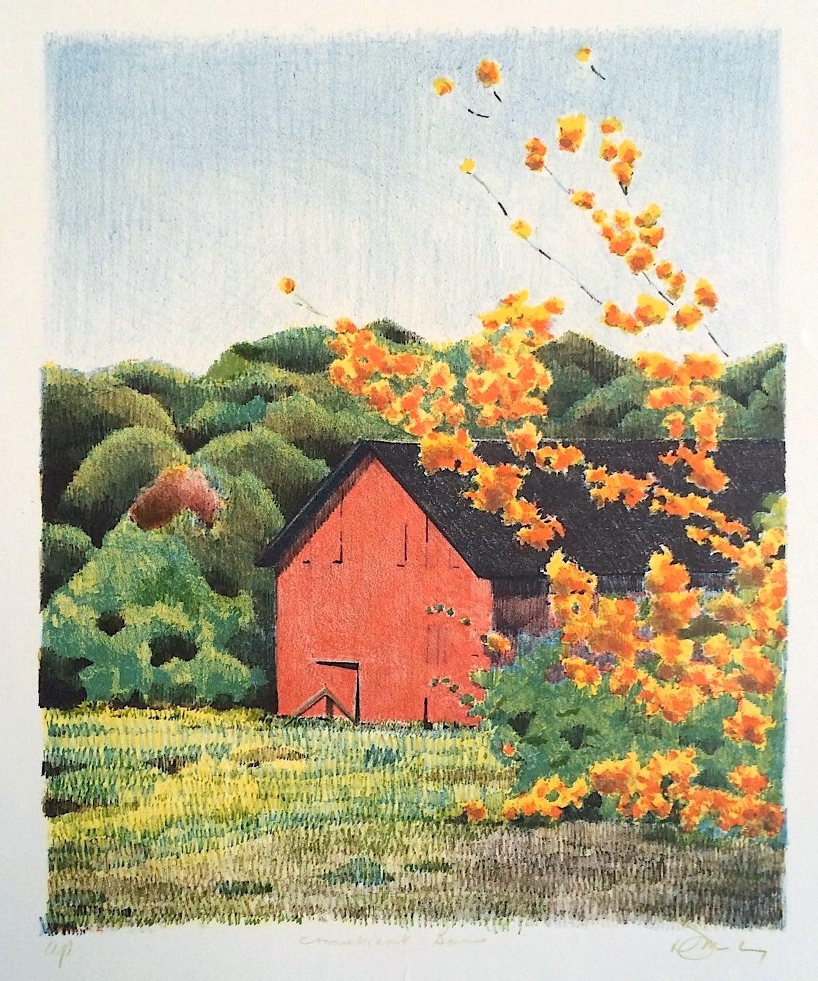 Unknown Print - CONNECTICUT BARN Signed Lithograph, New England Landscape, Red Barn, Trees