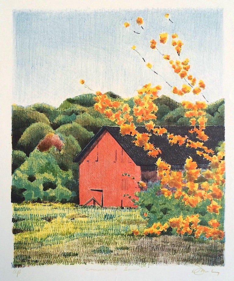 Unknown Print - CONNECTICUT BARN Signed Lithograph, New England Landscape, Red Barn, Trees