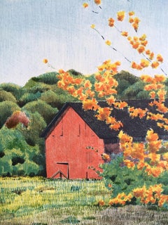 CONNECTICUT BARN Signed Lithograph, New England Landscape, Red Barn, Trees