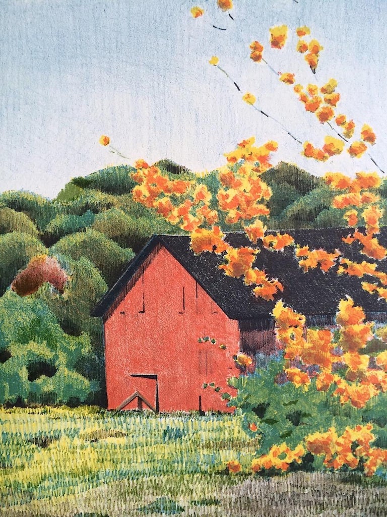 CONNECTICUT BARN Signed Lithograph, New England Landscape, Red Barn, Trees - Print by Unknown