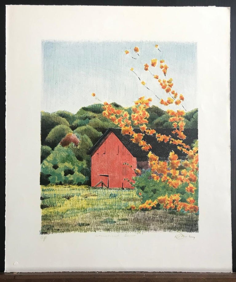 CONNECTICUT BARN is an original hand drawn lithograph by the American artist David MacKay presenting a classic New England landscape scene featuring a realistic drawing of a weathered red barn with a pitched black roof surrounded by blue sky, green